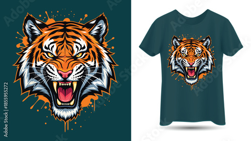 Roaring Tiger Head Mascot T‑Shirt Design Illustration.