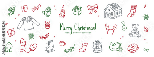 Warm and Cozy Christmas Doodles Collection. Hand-drawn elements for winter holidays celebration. Including gingerbread house, hot chocolate, sweater and more