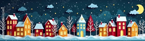 A cartoon christmas town with a full moon and stars