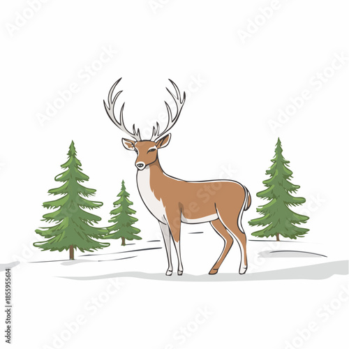 Majestic stag with large antlers stands in a snowy winter landscape with pine trees deer male deer