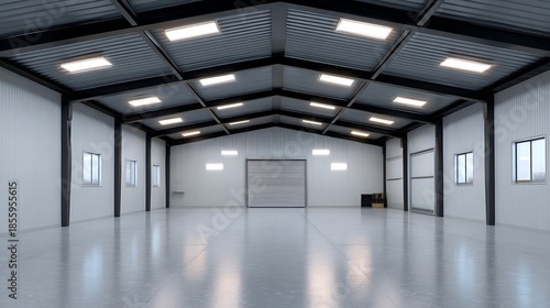 Industrial space overview empty warehouse interior modern design bright lighting