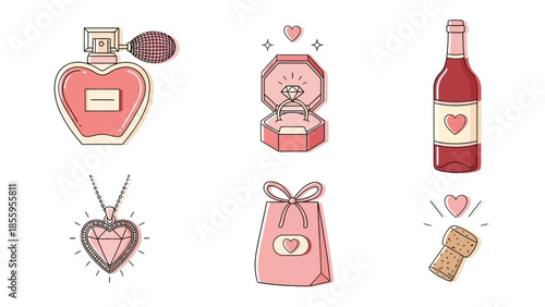 Elegant Gift Selection: A captivating collection of romantic gifts, including a luxurious perfume bottle, a sparkling engagement ring, a fine wine bottle, a heart-shaped pendant necklace.