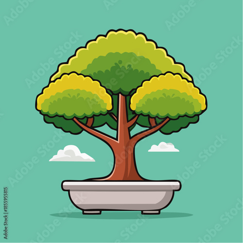 Cartoon bonsai tree in a pot with green and yellow leaves against a teal background.