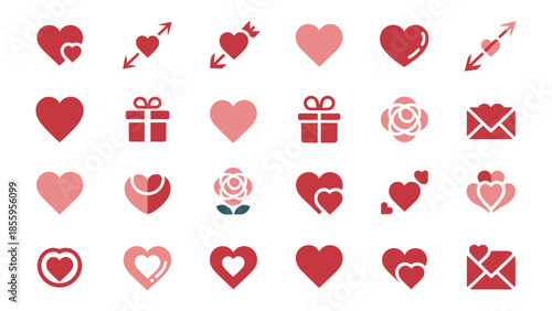 Love Icon Set: A collection of various heart symbols alongside roses, gift boxes, and love letters, embodying romance, affection, and the spirit of love.