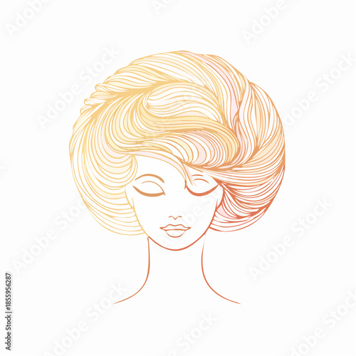 Elegant illustration of a woman's face with closed eyes and voluminous golden-orange hair on a white background