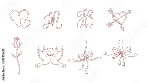 Elegant Symbols of Love: Delicate line art evokes the essence of romance, with intertwining hearts, initials, arrows of cupid, rose, doves, and ribbon motifs.