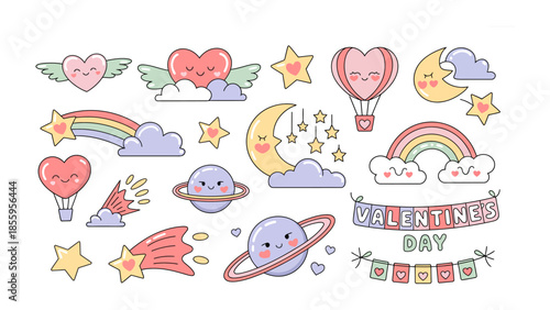 Valentine's Day Elements: A collection of charming, cartoonish elements perfect for celebrating the spirit of love and affection. Featuring hearts, stars, planets.