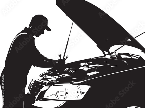 Car Mechanic Repairing Engine Under Open Hood Silhouette