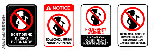 No alcohol during pregnancy sign set, logo, badge, icon, label, stamp, sticker, symbol, red circle, line, flat vector, isolated illustration.