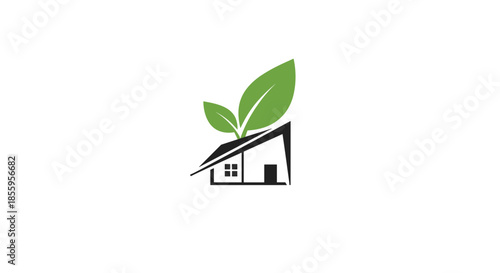 Real estate logo design showing a simple black house silhouette with two green leaves growing from its roof for eco living.