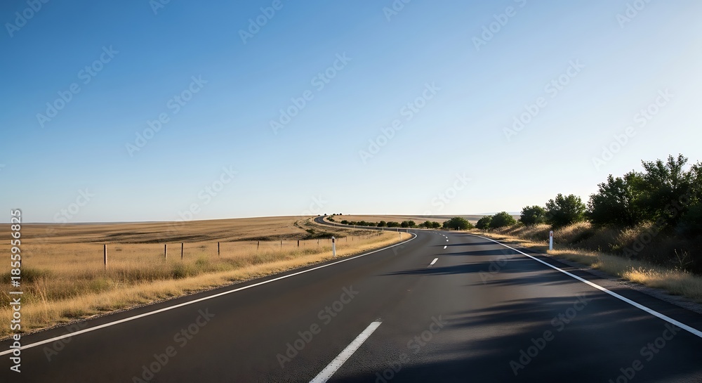 Fototapeta premium Open road stretches across the arid landscape under a clear blue sky.