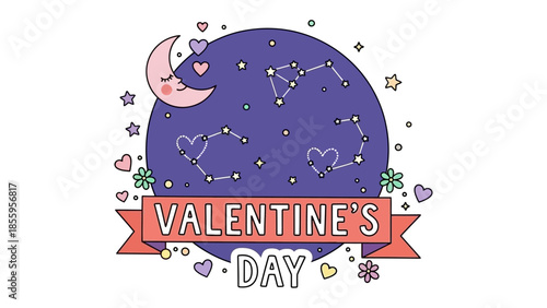 Valentine's Day Illustration: A charming, hand-drawn illustration captures the essence of love, with a crescent moon, starry sky, and hearts, celebrating the day of affection.