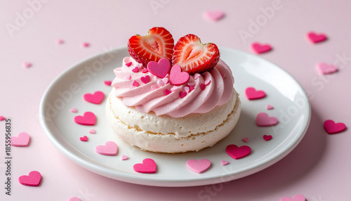 A pavlova dessert with heart-shaped strawberries sits on a white ceramic plate, surrounded by heart-shaped confetti.