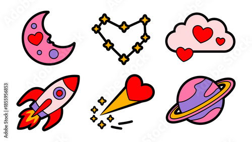Love and celestial bodies: Whimsical illustrations, featuring a crescent moon, constellations, fluffy clouds, space rocket, comet, and planetary body, all adorned with hearts.