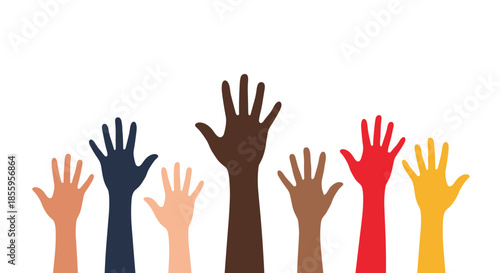 Diverse colorful hands raised together in a show of unity and collaboration against a clean white background for community support.