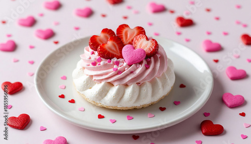Mini pavlovas with pink whipped cream and heart-shaped strawberries on a pink background.