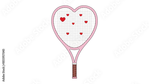 Love Match: A charming tennis racket, shaped like a heart, adorned with playful heart, perfect for expressing love and a fun sports theme. 