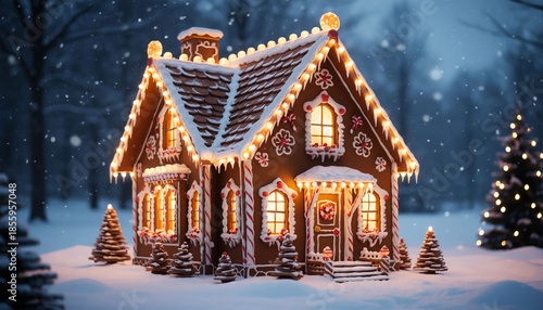 Christmas gingerbread house in the winter forest. Christmas and New Year concept.