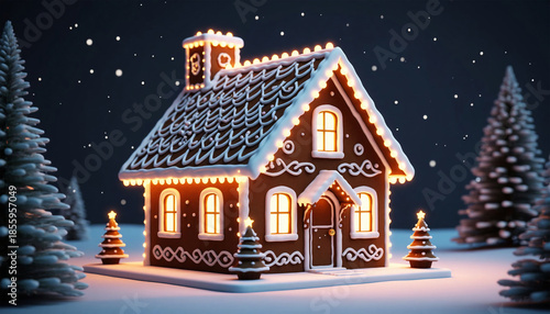 Christmas gingerbread house in the snow. 3d render illustration.