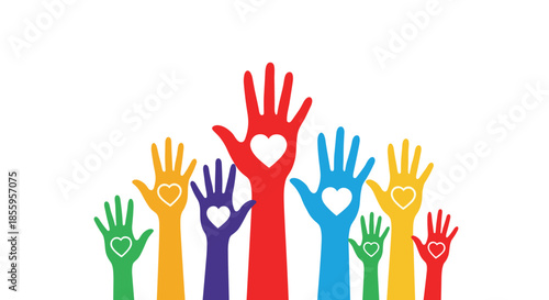 Multiple colorful human hands raised with white heart symbols in the palms symbolizing community, diversity, love, and togetherness.