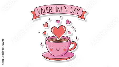 Valentine's Day Coffee Delight: A charming, hand-drawn illustration depicting a cheerful coffee cup overflowing with heart-shaped love and festive accents.