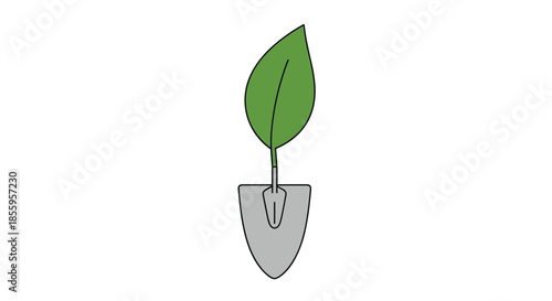 Single green leaf growing from a silver metal garden trowel symbolizing planting and growth isolated on a plain white background.