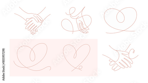 Artistic Expression of Unity and Love: A delicate line art showcases hands clasped in connection and hearts, symbolizing a profound sense of affection and unity. Through flowing strokes.