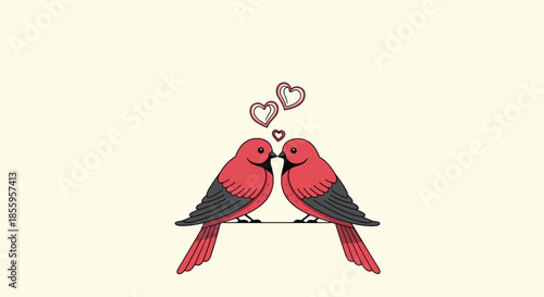 Two red birds sitting closely on a wire with small heart symbols above their heads symbolizing love and companionship.