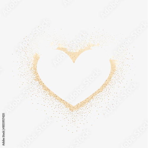 Pink heart shape with a gold outline and scattered gold glitter particles on a white background love