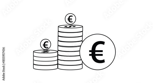 Illustration of stacked coins and a large euro symbol coin representing financial savings, growth, and currency value.