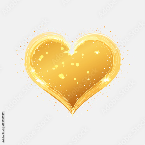 Pink heart shape with a gold outline and scattered gold glitter particles on a white background love
