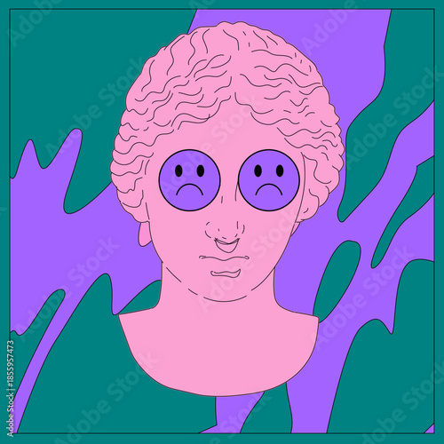 Bust of a classical Greek statue with curly hair and serene features, overlaid with large sad crying emoji eyes. Conceptual vector illustration for themes of melancholy, digital sadness culture.