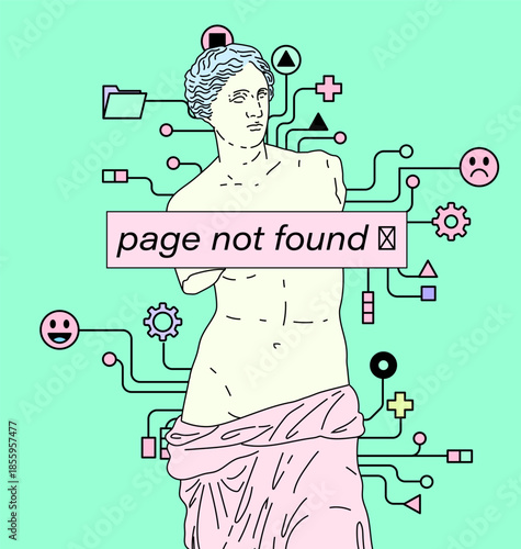 Classical Venus statue in pale pink, surrounded by floating retro digital icons and a bold "page not found" banner. Conceptual vector illustration for themes of internet censorship.