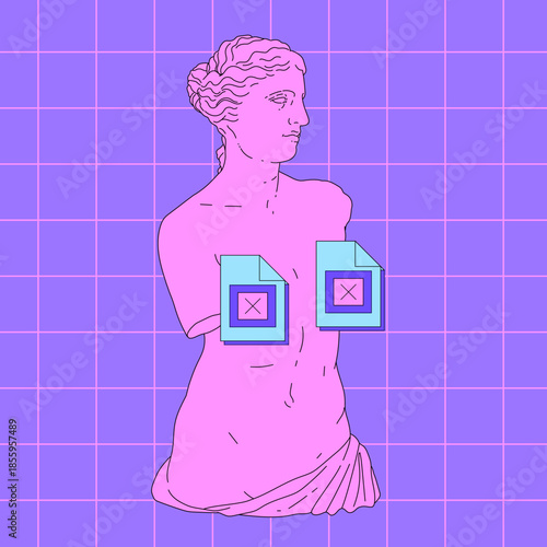 Pink armless Venus de Milo statue with two error icons placed over the chest area. Conceptual vector illustration for themes of classical beauty censored by digital retro tech, internet nostalgia.