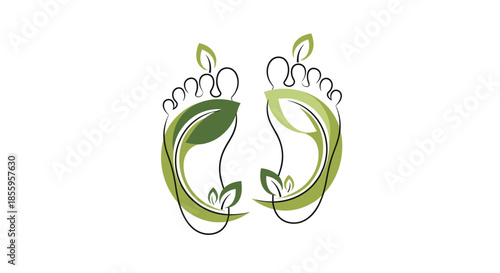 Artistic depiction of two human footprints filled with flowing green leaf patterns emphasizing living and carbon reduction.