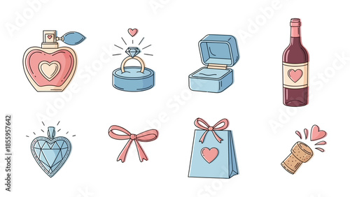 Affectionate Essentials: Charming icons celebrate the heart of romance, with perfume, jewelry, wine and more. Evoking feelings of love and affection.