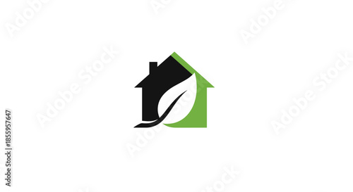 Modern real estate or eco housing logo featuring a black and green house silhouette integrated with a white leaf shape.
