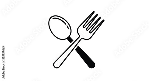 Simple black and white line art icon of a crossed spoon and fork commonly used as a sign for dining and food services.