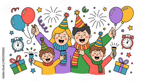 Joyous Celebration: A cheerful family is shown, embraced by the festive season's joy, complete with vibrant balloons, party hats, and confetti, and an atmosphere filled with laughter and togetherness.