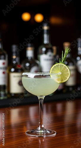 Elegant cocktail glass with lime and rosemary garnish on bar.