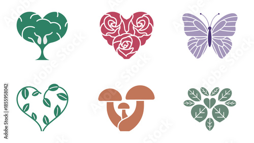 Whimsical Heart Shapes: A collection of charming heart-shaped designs, each composed of unique natural elements, from leaves and mushrooms to blooming roses and intricate butterfly patterns.
