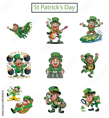St Patricks Day leprechaun characters as a superhero, surfer, and with gold coins Keywords