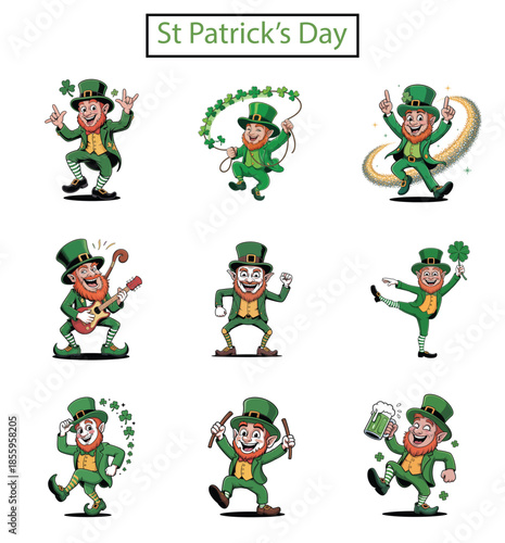 St Patricks Day leprechaun characters playing music, dancing, and holding shamrocks Keywords