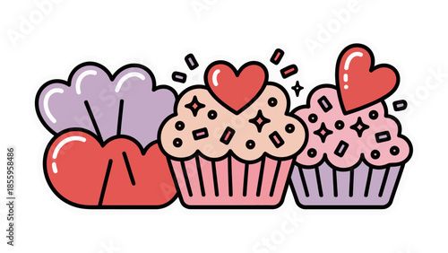 Sweet Delights: Artistic Arrangement of Festive Cupcakes adorned with Heart and Sprinkles, perfect for Celebration of Love 
