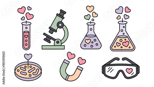 Love in Science: A whimsical illustration of laboratory equipment filled with hearts, symbolizing the intersection of love and scientific exploration.