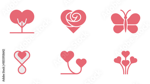 Love's Artistry: A collection of charming heart-themed illustrations embodies the essence of affection, featuring the graceful silhouette of a tree, a rose's delicate petals.