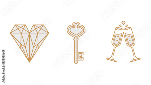 Elegance of Celebration: Heart Diamond, Key, and Champagne Glasses on Display: Illustrative symbols exuding opulence. A radiant diamond heart, an ornate key.