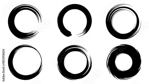 Six brushstroke Enso circles in black ink, minimalist Zen circle vector art