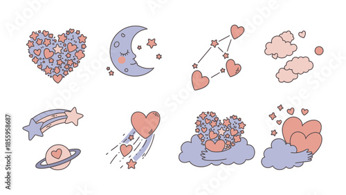 Celestial Valentine: A captivating collection of romantic elements, each a testament to love and affection. Featuring hearts, stars, and celestial bodies that evoke a sense of warmth and enchantment.