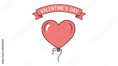 Heart Balloon: A heart-shaped balloon floats gracefully beneath a ribbon, emblazoned with the words Valentine's Day, symbolizing love and affection.
